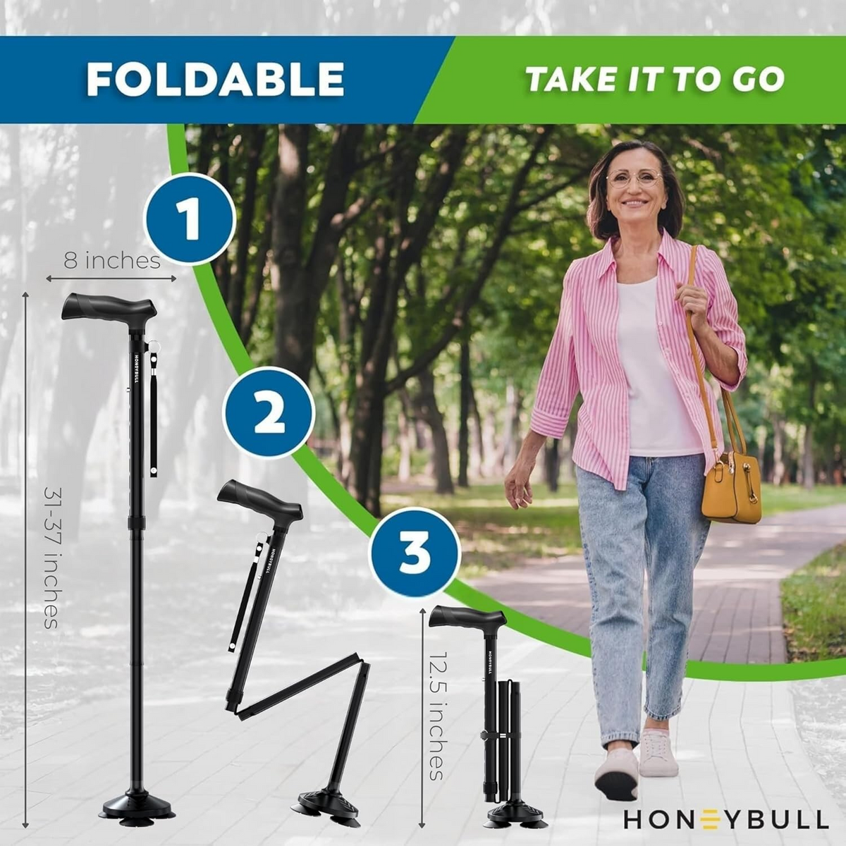Foldable, Adjustable, Heavy Duty Pivot Tip Cane for Adults & Seniors