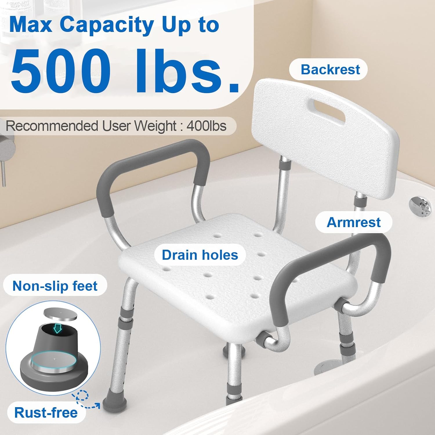 HOMLAND Heavy-Duty Shower Chair with Arms & Back – Adjustable Bath Seat for Elderly & Disabled (500 lbs) HOMLAND Heavy-Duty Shower Chair with Arms & Back – Adjustable Bath Seat for Elderly & Disabled (500 lbs)