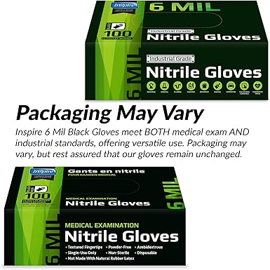 Inspire Black Nitrile Gloves – Heavy Duty 6 Mil, Chemical Resistant, Disposable, 100 Count Inspire Black Nitrile Gloves – Heavy Duty 6 Mil, Chemical Resistant, Disposable, 100 Count