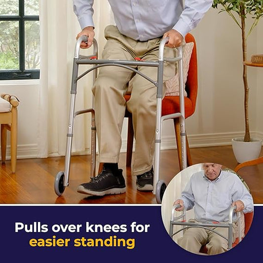 Drive Medical 10210-1 2-Button Folding Walker with Wheels – Rolling Walker for Adults & Seniors
