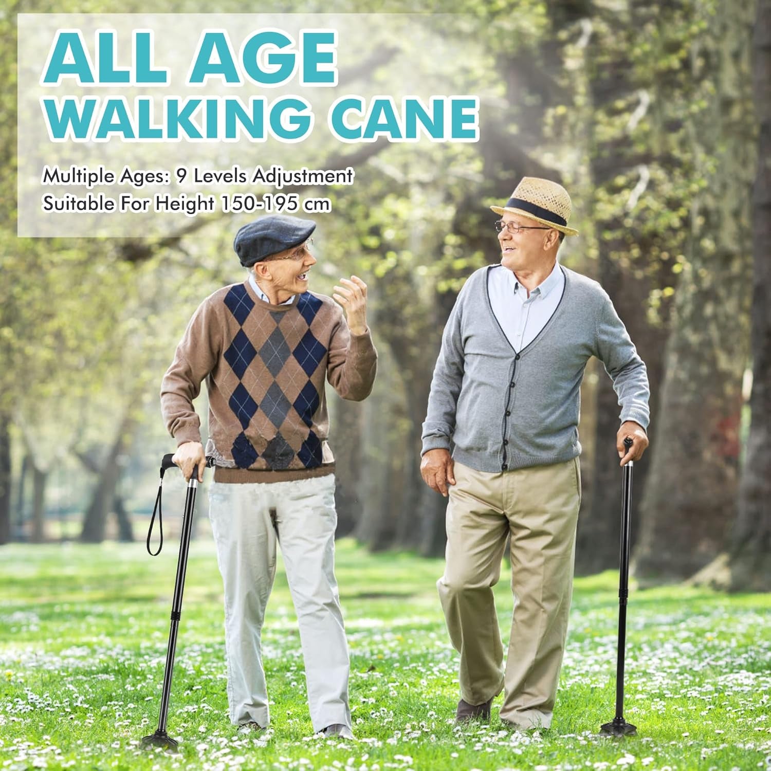 Walking Cane for Women & Men, Adjustable Lightweight LED Walking Stick with Autonomous Standing, Large Sturdy 360 Swivel Base Crutches Cane for Senior