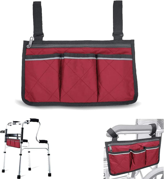 Wheelchair Side Bags, Armrest Accessories to Hang on Side with Bright Line Waterproof Red Walker Storage Pouches for Home/Outdoor/Baby Cart ()