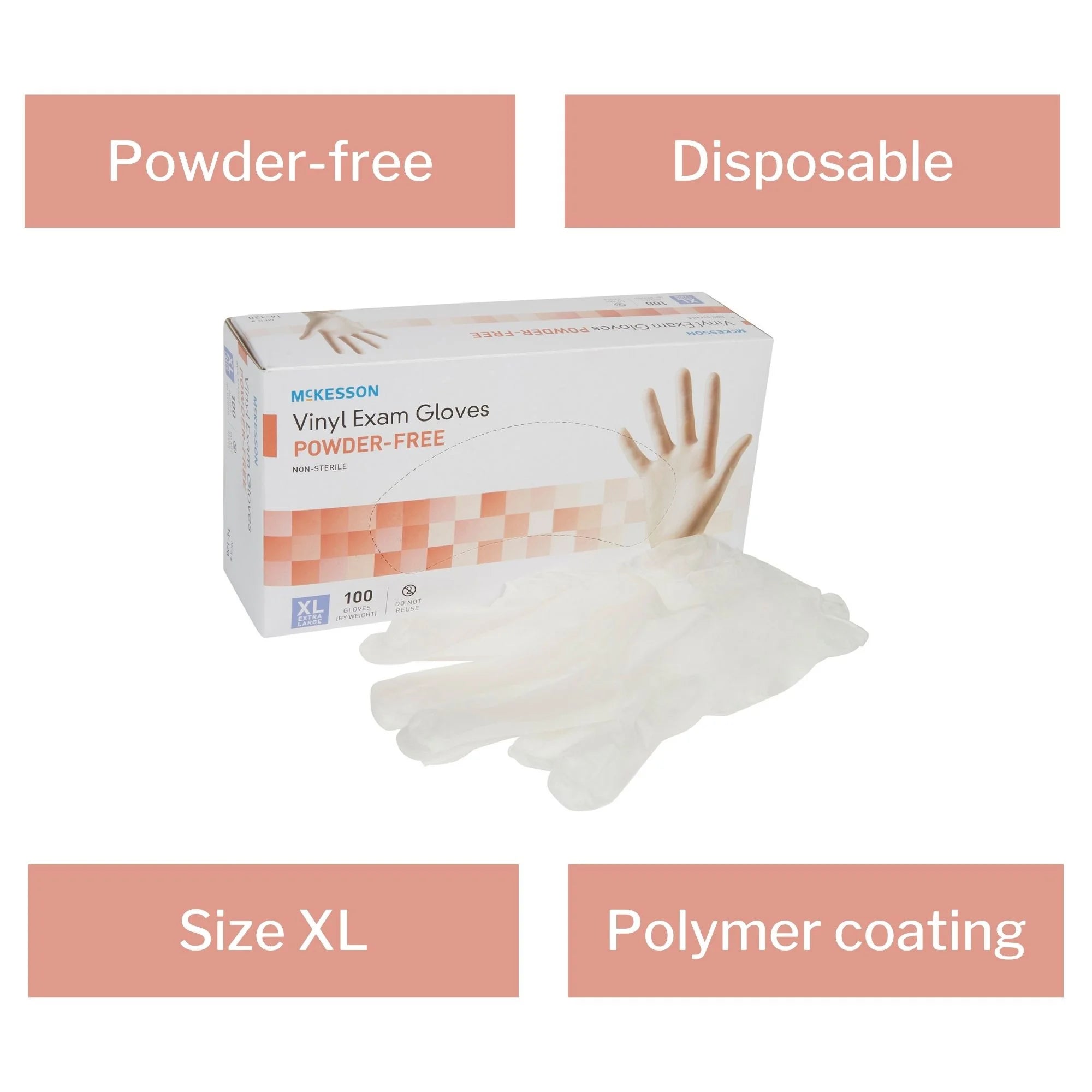 Vinyl Exam Gloves, Powder-Free, Disposable Medical Glove - XL, 100 Count, 1 Box