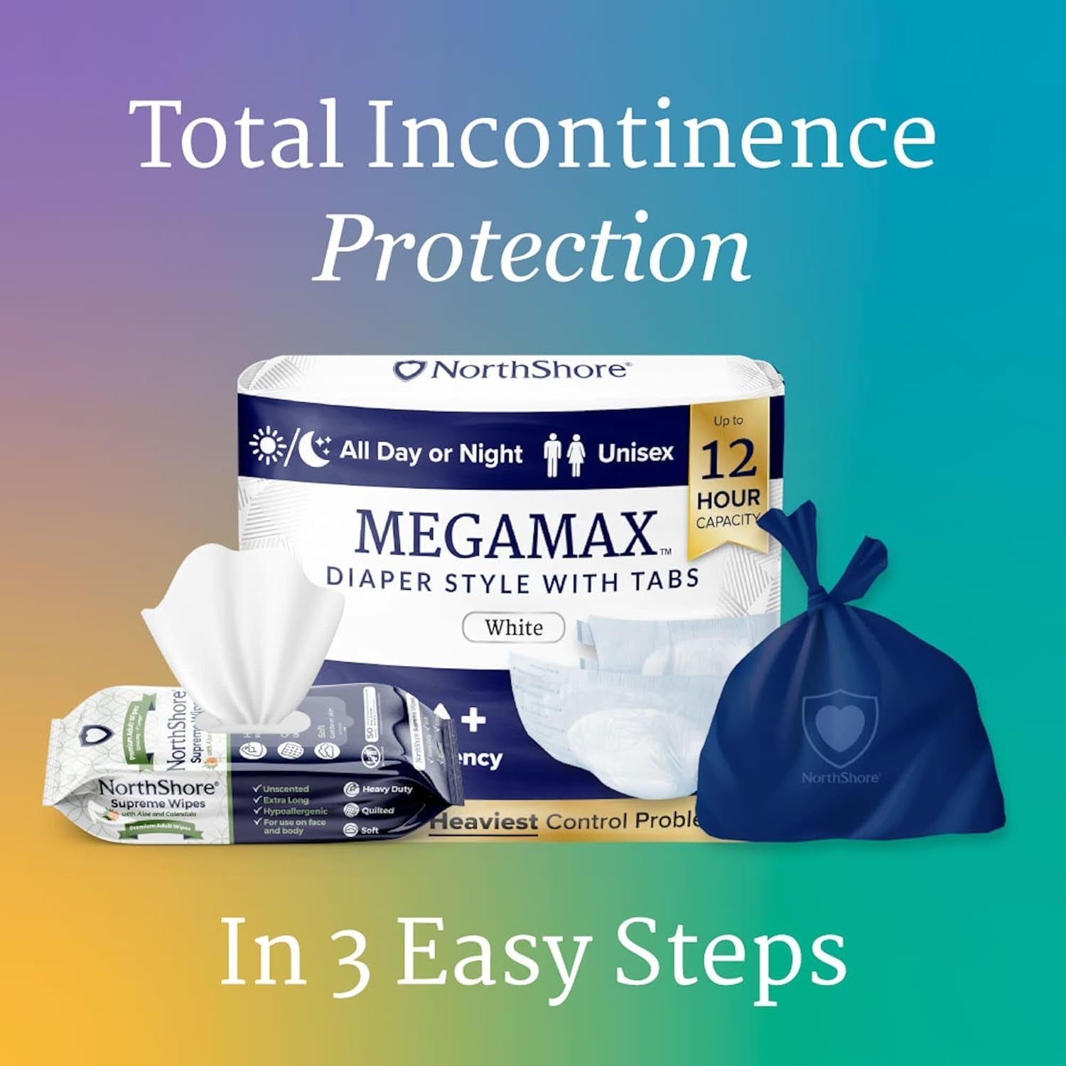 Megamax Adult Overnight Diapers, 12-Hour Tab-Style, Large, 10 Count Bag, White, 42-54 Inches, Unisex Incontinence Underwear
