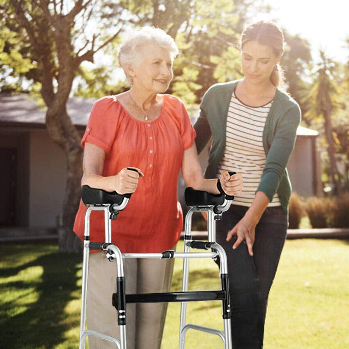 Folding Standard Walker，Rehabilitation Auxiliary Walking Aid, Front Wheeled Walker W/Adjustable Height & Removable Armrests, Platform Walkers for Seniors,Disabled, FDA Certification
