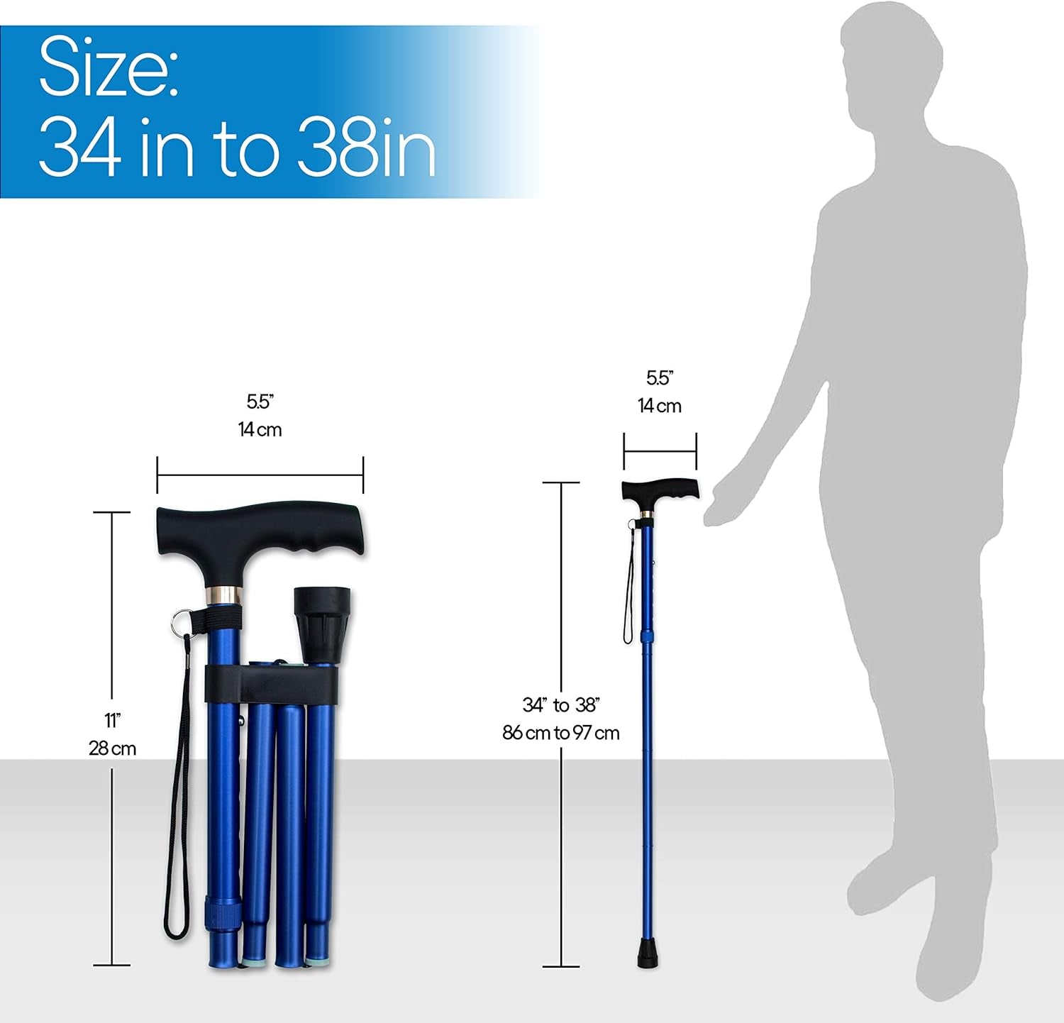 Folding Cane - Foldable Walking Cane with Adjustable Height - Collapsible and Lightweight - Soft Ergonomic Handle for Comfortable Grip - Portable Walking Stick for Mobility Aid