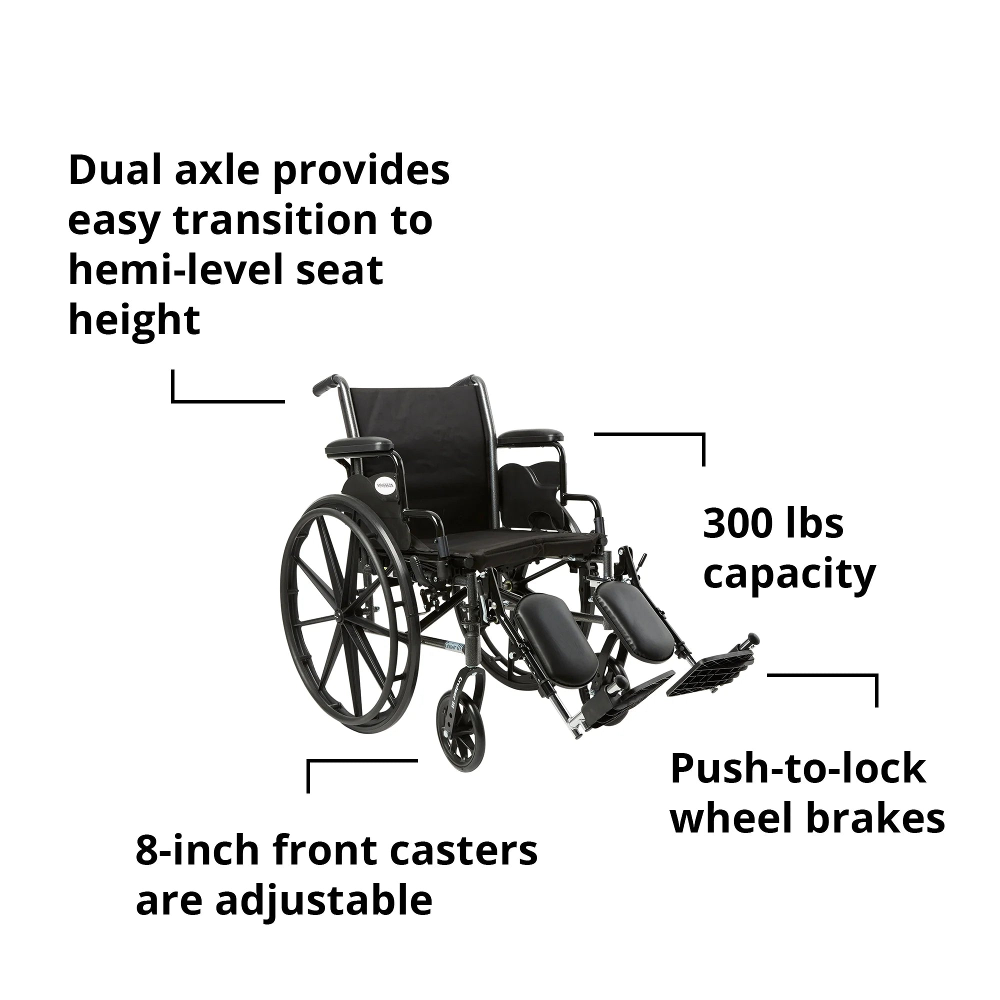 Black Lightweight Wheelchair, Steel, 18" W, 300-Lb Weight Capacity, 1 Ct