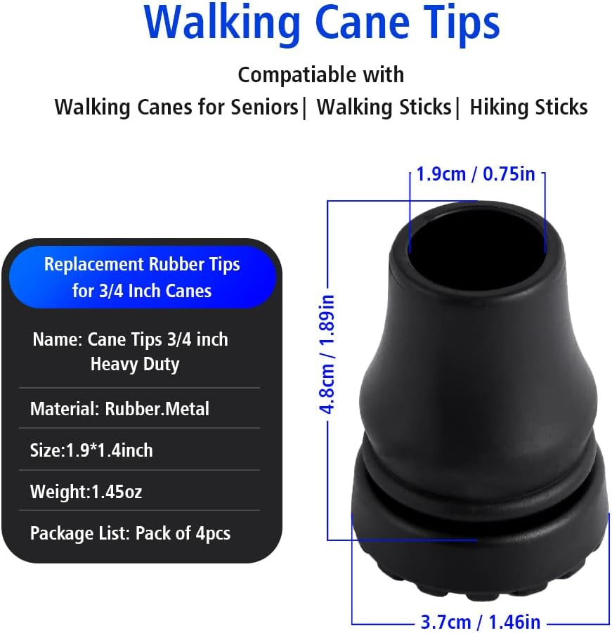 Abnaok 4-Pack Rubber Cane Tips 3/4 Inch Heavy Duty Walking Cane Tips, Black