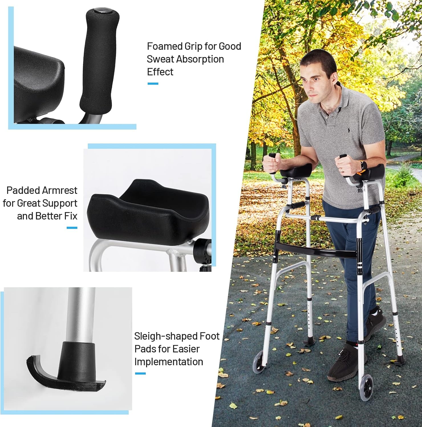 Walkers for Seniors, Foldable Standard Walker with 5’’ Wheels and Removable Padded Armrests 440Lbs, Lightweight Walking Mobility Aid, Folding Platform Walker for Elderly, Handicap, Disabled