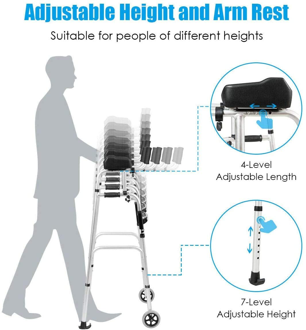 Folding Standard Walker，Rehabilitation Auxiliary Walking Aid, Front Wheeled Walker W/Adjustable Height & Removable Armrests, Platform Walkers for Seniors,Disabled, FDA Certification