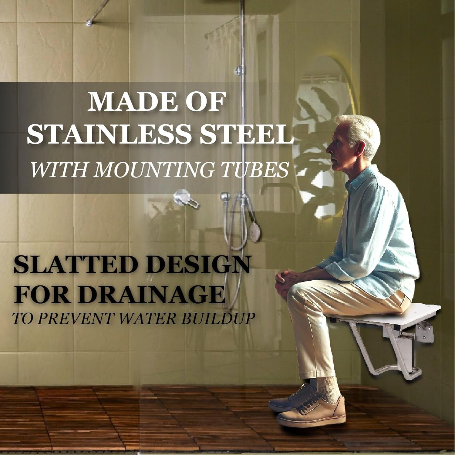 Folding Shower Chair for Elderly and Disabled | ADA Folding Shower Seat Wall Mounted Holds up to 600 Lbs | High Density Polymer Shower Chair for inside Shower 304 Stainless Steel | 34.5"X21” Left Hand