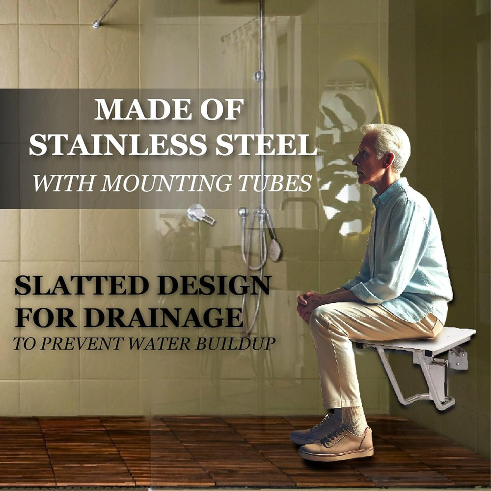 Folding Shower Chair for Elderly and Disabled | ADA Folding Shower Seat Wall Mounted Holds up to 600 Lbs | High Density Polymer Shower Chair for inside Shower 304 Stainless Steel | 34.5"X21” Left Hand