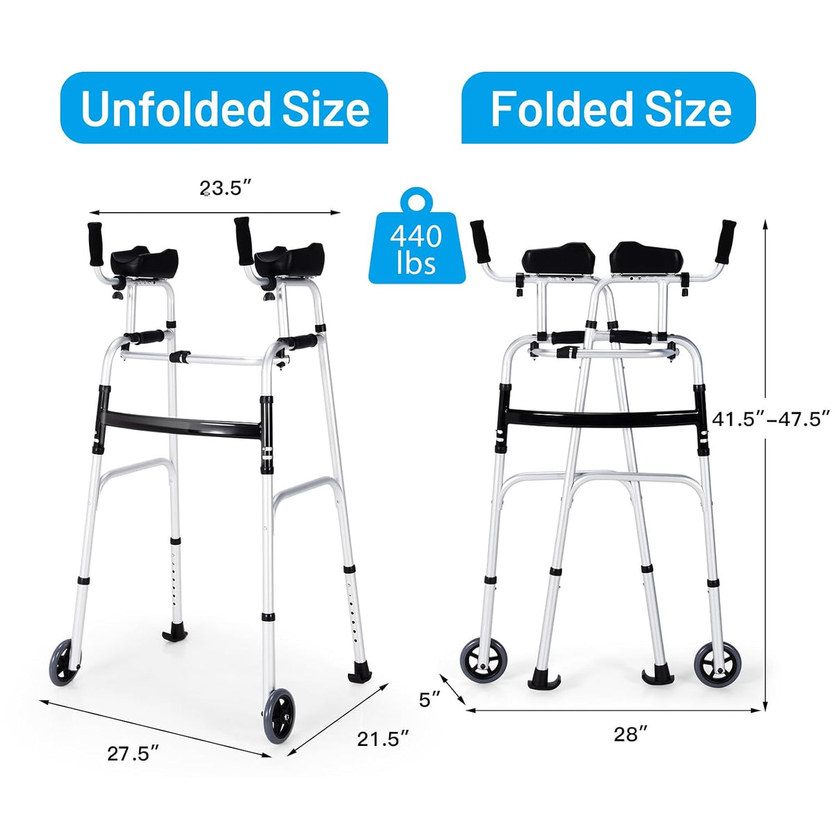Folding Standard Walker，Rehabilitation Auxiliary Walking Aid, Front Wheeled Walker W/Adjustable Height & Removable Armrests, Platform Walkers for Seniors,Disabled, FDA Certification