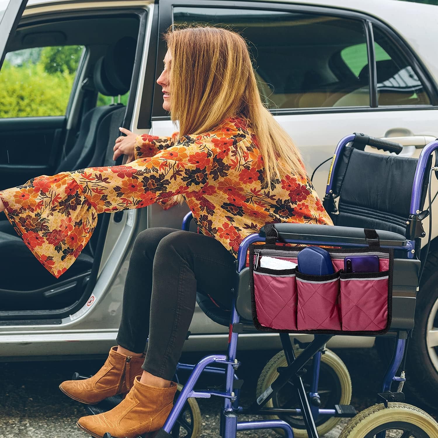 Wheelchair Side Bags, Armrest Accessories to Hang on Side with Bright Line Waterproof Red Walker Storage Pouches for Home/Outdoor/Baby Cart ()