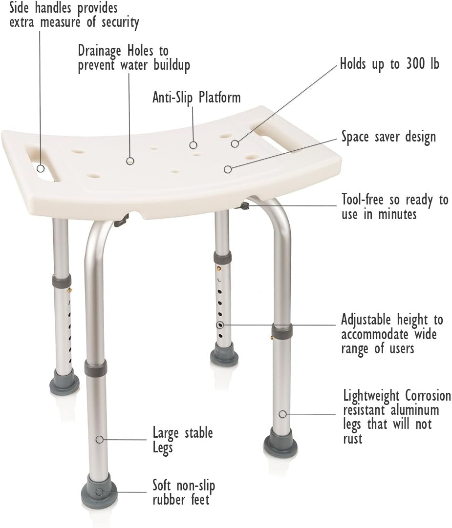 Dr Maya’S Adjustable Shower Chair with Free Grab Bar | Plastic Chair Bath Seat, Bathroom Chair | Shower Stool for inside Shower | Handicap Shower Chair | inside Shower Seat Bench, 300 Lb Capacity