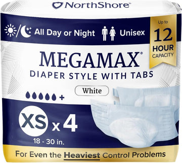 Megamax Adult Overnight Diapers, 12-Hour Tab-Style, X-Small, 4 Count Starter Pack, White, 18-30 Inches, Unisex Incontinence Underwear