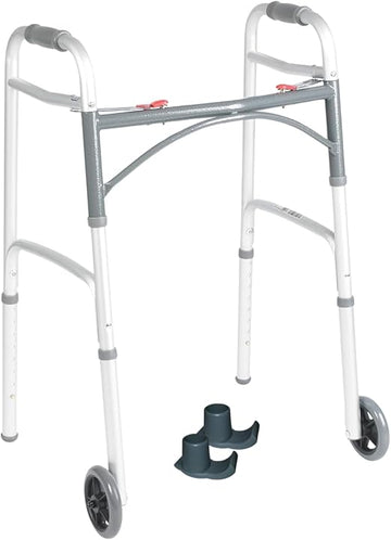 Drive Medical 10210-1 2-Button Folding Walker with Wheels – Rolling Walker for Adults & Seniors