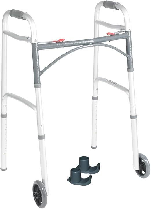 Drive Medical 10210-1 2-Button Folding Walker with Wheels – Rolling Walker for Adults & Seniors