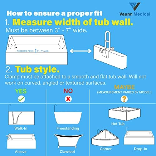 Vaunn Medical Bathtub Handle Grab Bar – Adjustable Safety Rail for Seniors (300 lbs)