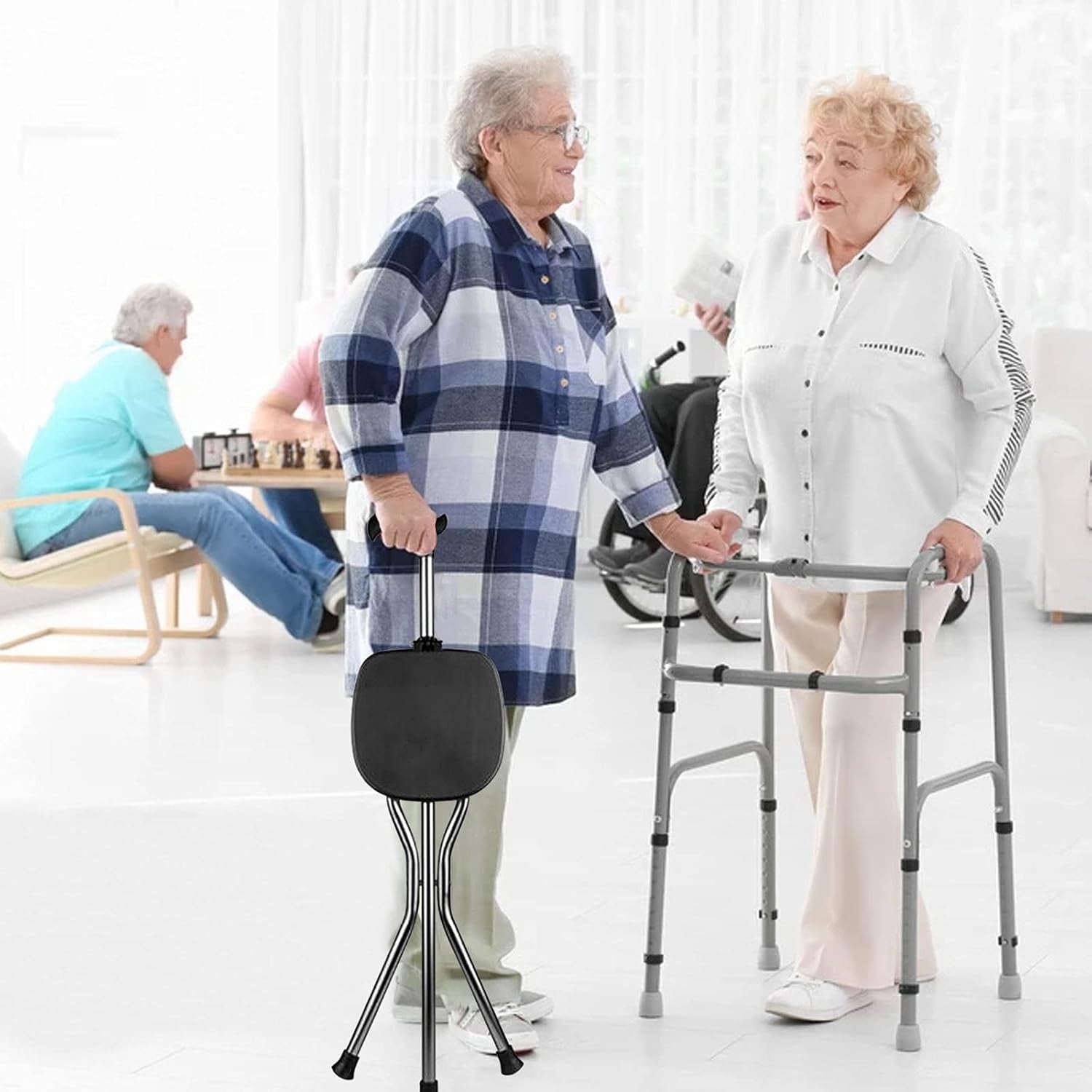 Hold 440 Lbs Folding Canes with Seat Walking Stick Height Adjustment Cane Seat Capacity Frosted Handle with Magnetic Therapy Stone Crutches Stool