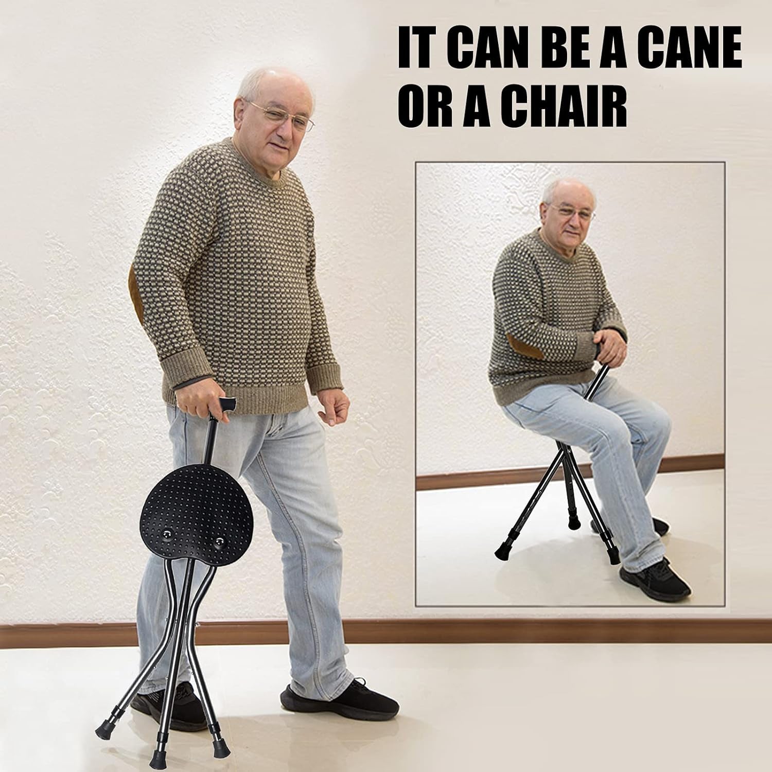 Hold 440 Lbs Folding Canes with Seat Walking Stick Height Adjustment Cane Seat Capacity Frosted Handle with Magnetic Therapy Stone Crutches Stool