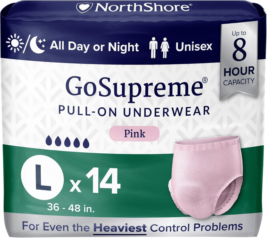 Gosupreme Overnight Pull-On Underwear, 8-Hour Leak Protection, Large, 14-Count Bag, Pink, (36-48 in Waist), Unisex Adult Diapers