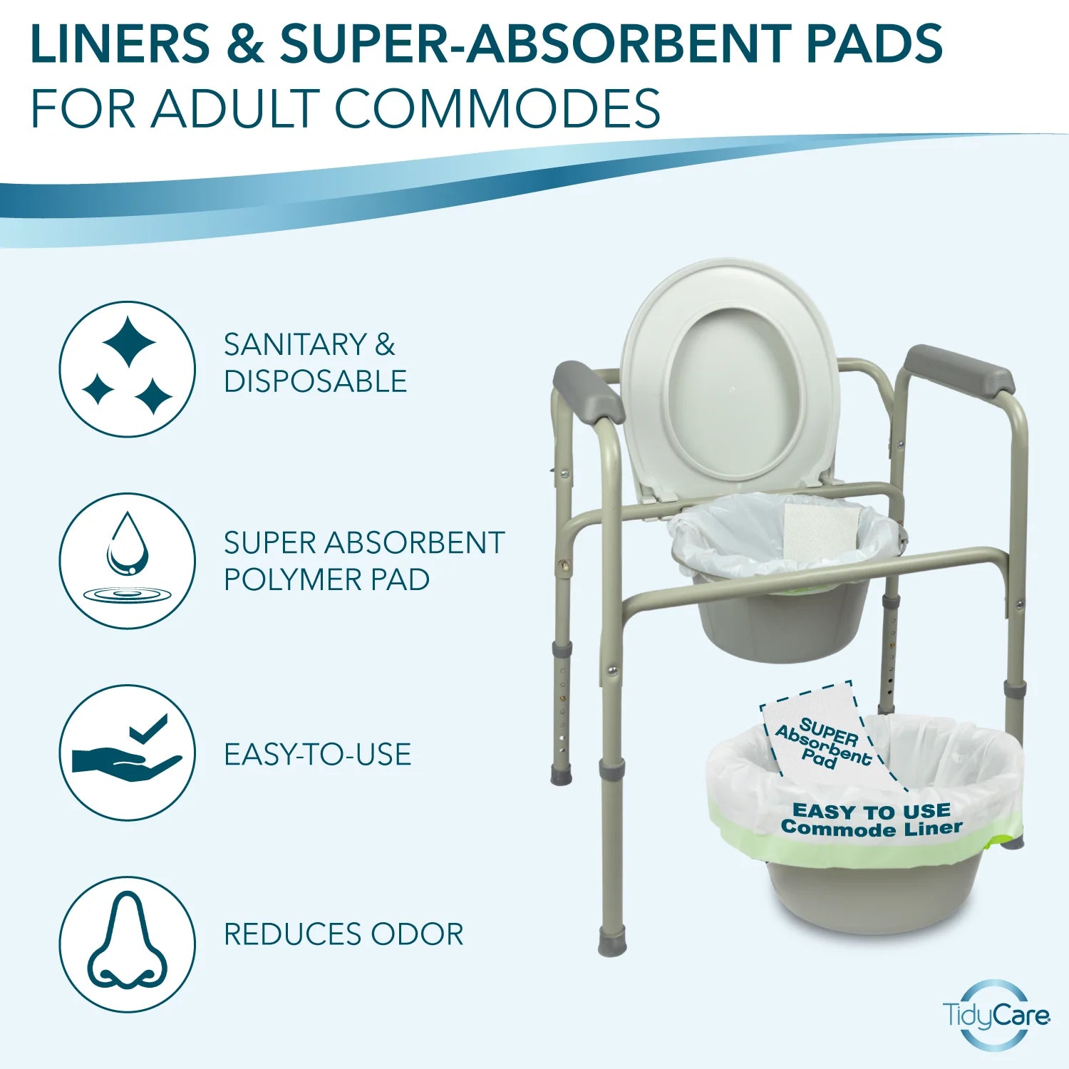 Tidycare Commode Liners with Absorbent Pads, Convenience Pack, 12 Liners and 12 Pads for Adult Bedside Commode