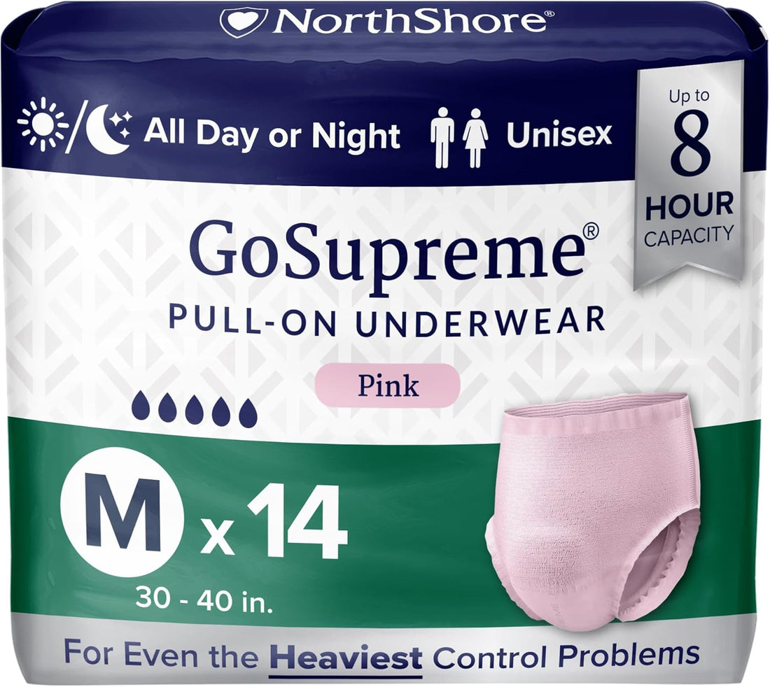 Gosupreme Overnight Pull-On Underwear, 8-Hour Leak Protection, Medium, 14-Count Bag, Pink, (30-40 in Waist), Unisex Adult Diapers