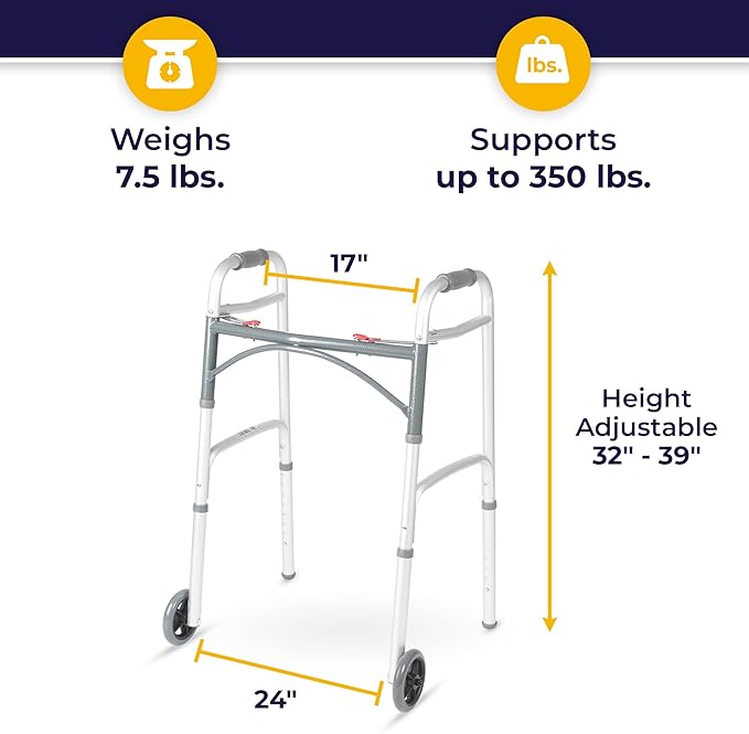 Drive Medical 10210-1 2-Button Folding Walker with Wheels – Rolling Walker for Adults & Seniors