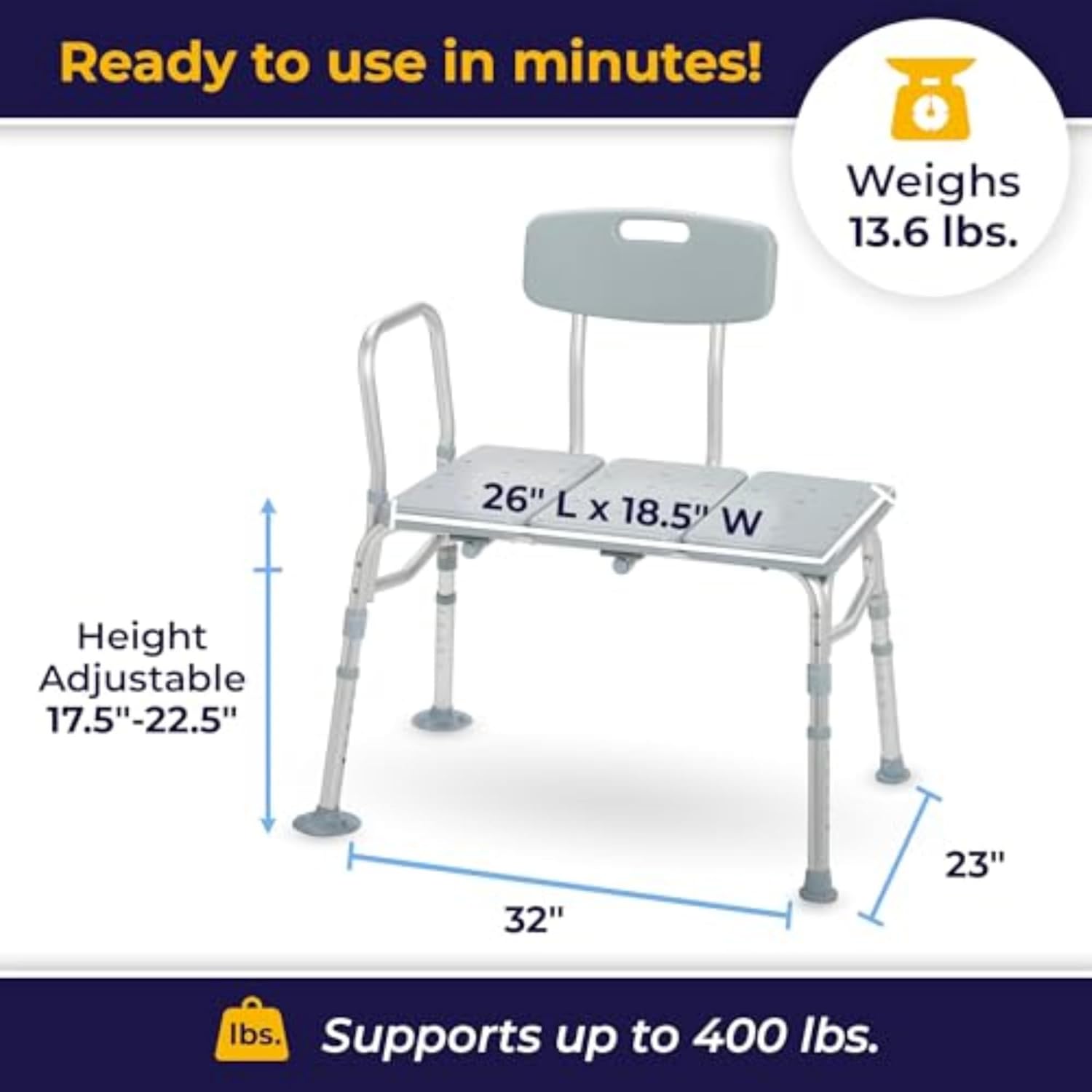 Drive Medical Tub Transfer Bench – Adjustable Shower Chair with Backrest for Elderly & Seniors (400 lbs)