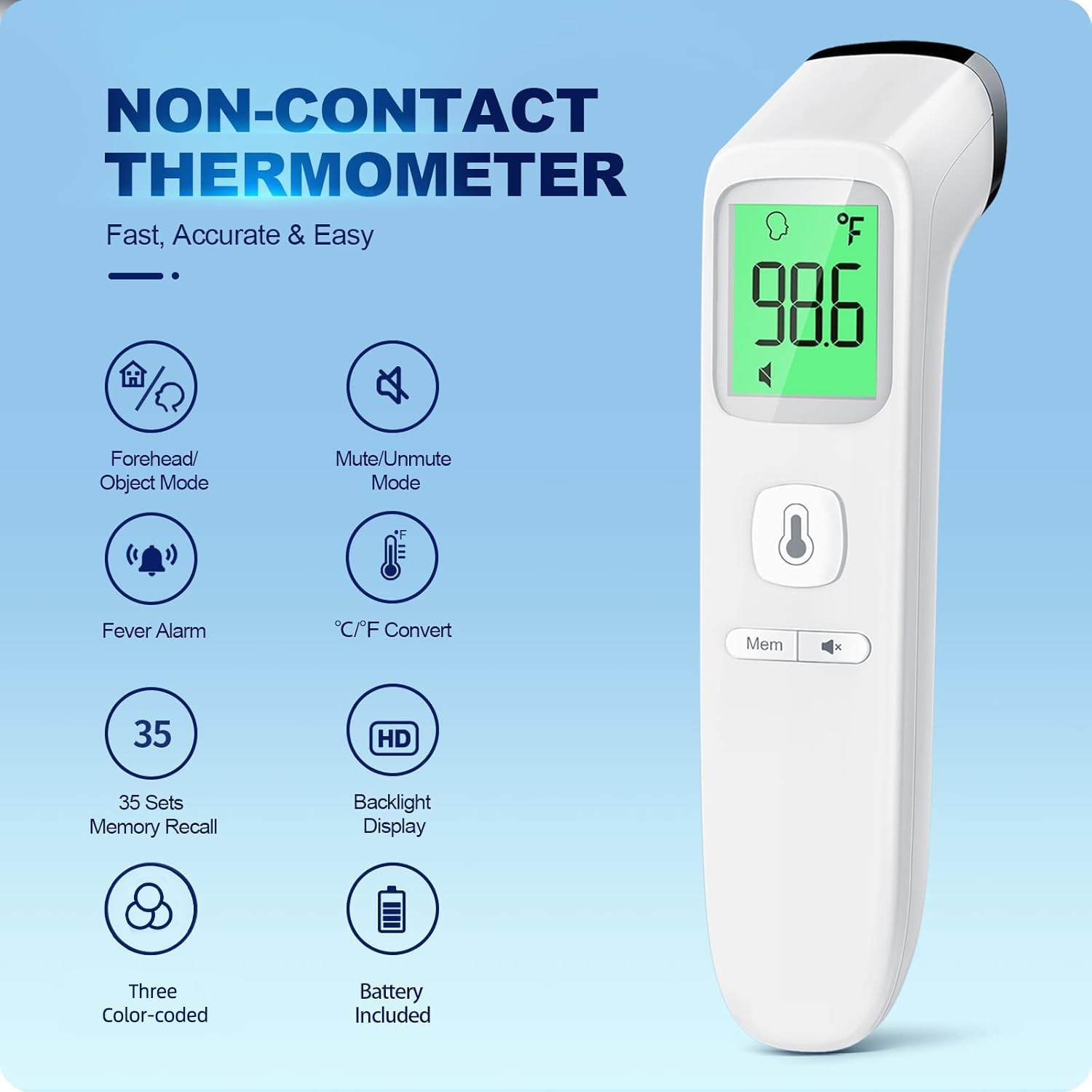 No-Touch Thermometer for Adults – Digital Infrared Thermometer with Fever Alarm, 1-Second Fast Reading, 2-in-1 Mode