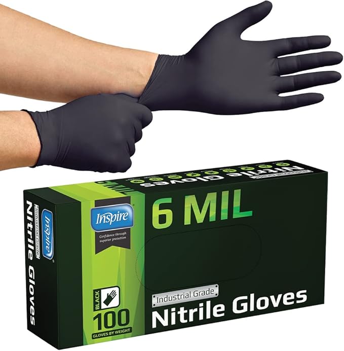 Inspire Black Nitrile Gloves – Heavy Duty 6 Mil, Chemical Resistant, Disposable, 100 Count