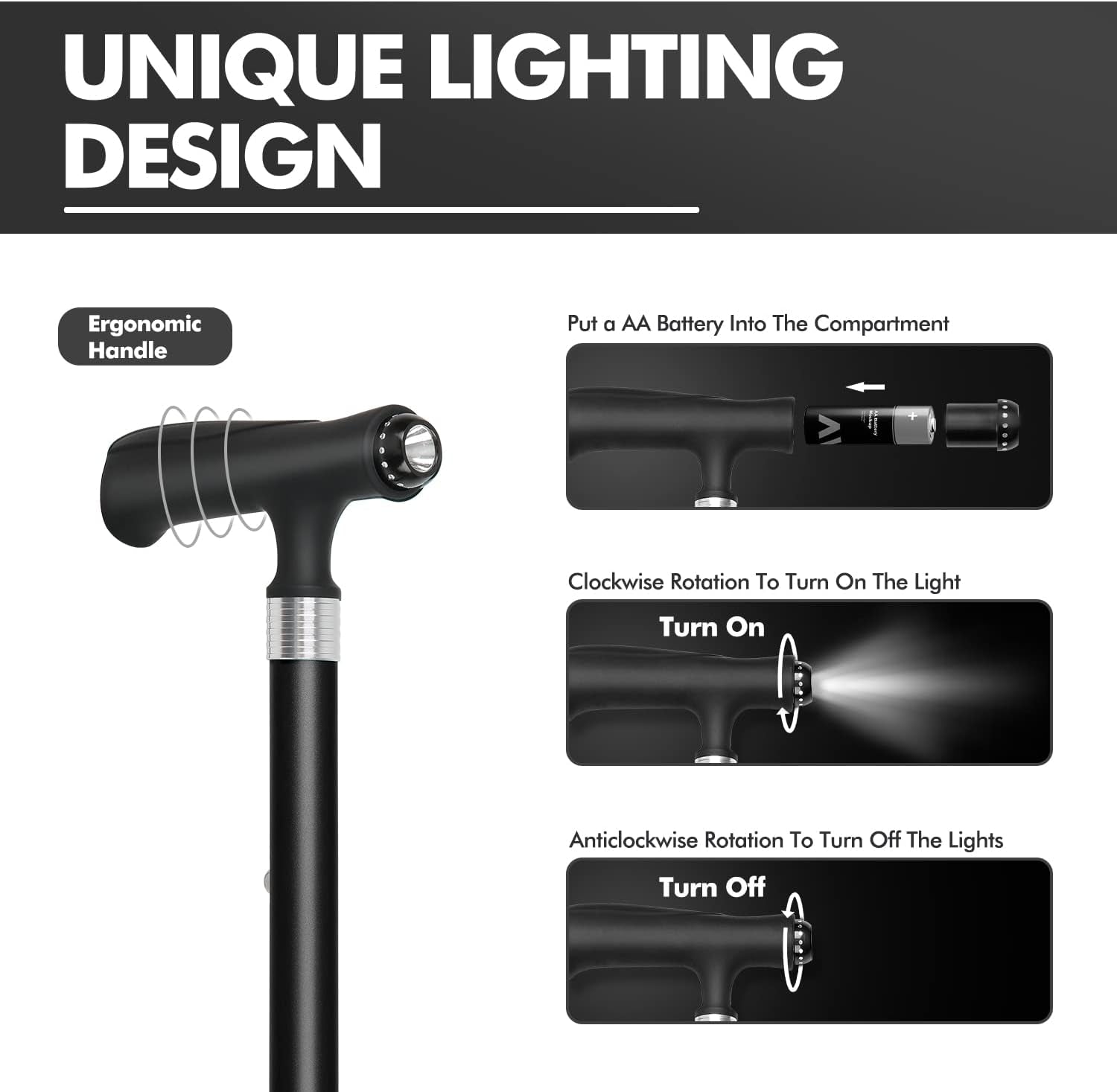 Walking Cane for Women & Men, Adjustable Lightweight LED Walking Stick with Autonomous Standing, Large Sturdy 360 Swivel Base Crutches Cane for Senior