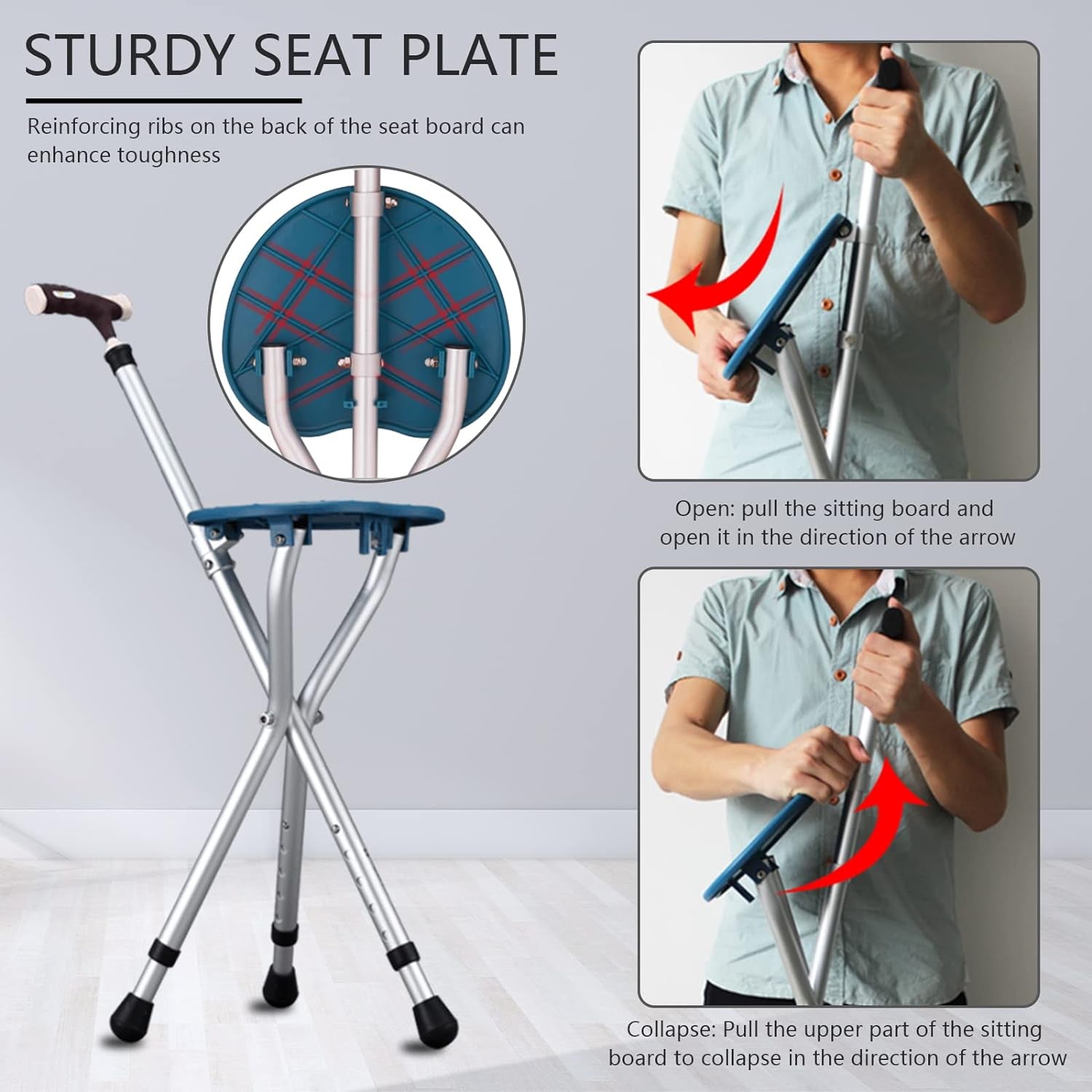 Hold 440 Lbs Folding Canes with Seat Walking Stick Height Adjustment Cane Seat Capacity Frosted Handle with Magnetic Therapy Stone Crutches Stool