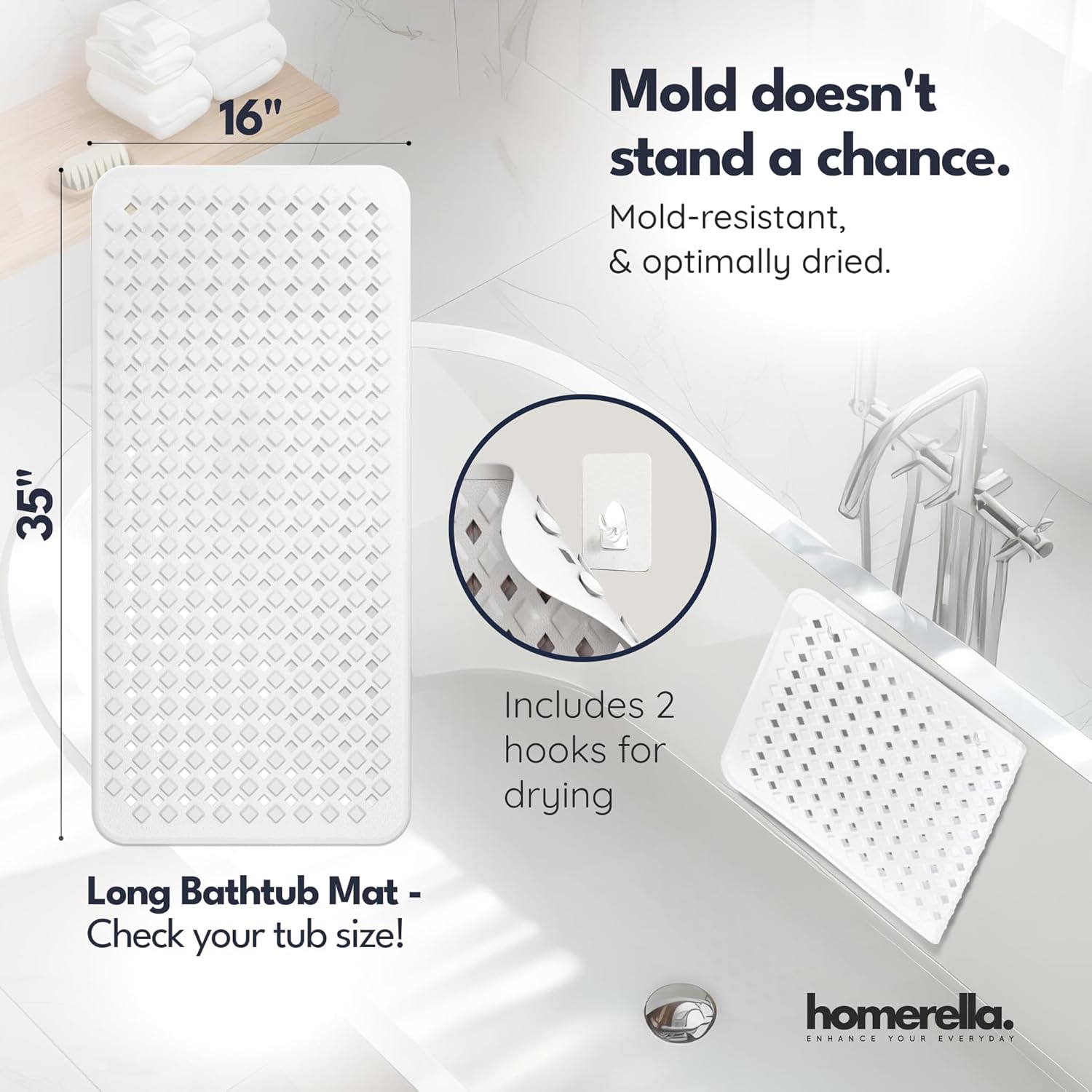 Extra-Long Non-Slip Bathtub Mat – 35x16" BPA-Free Shower Mat with Drain Holes & Drying Hooks (Anti-Mold, Machine Washable)