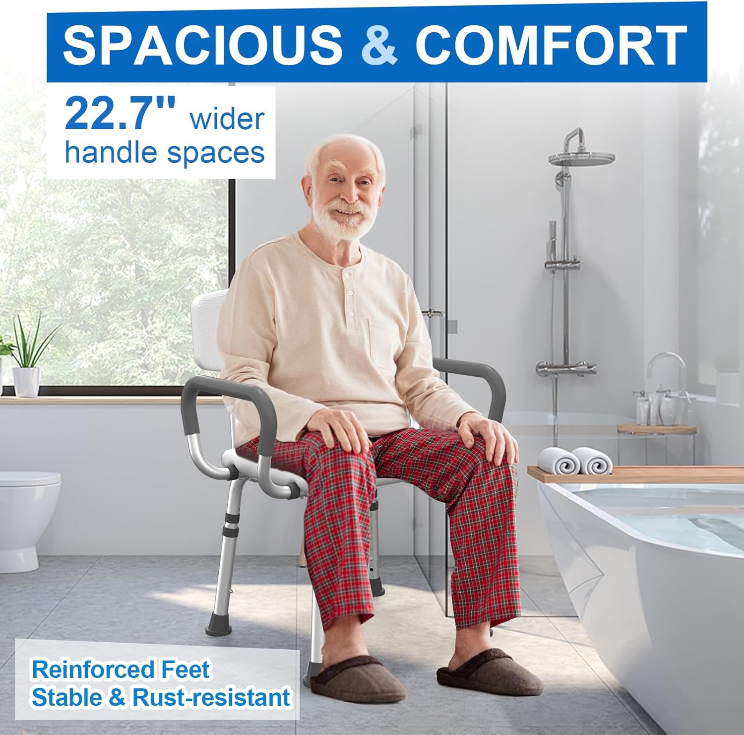 HOMLAND Heavy-Duty Shower Chair with Arms & Back – Adjustable Bath Seat for Elderly & Disabled (500 lbs)