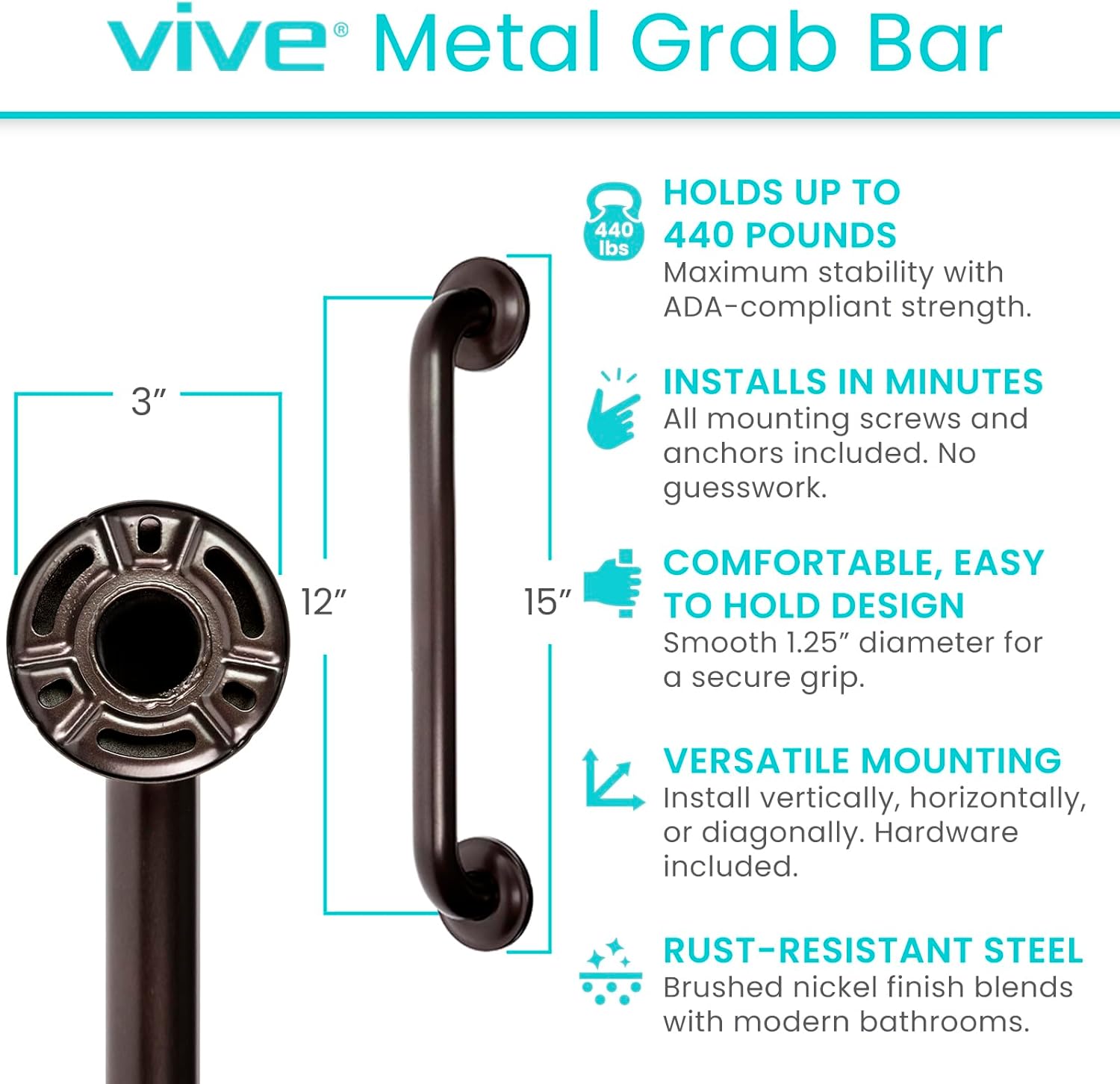 Vive Grab Bar for Bathtubs & Showers – Bathroom Safety Handrail for Elderly and Disabled (440 lbs)