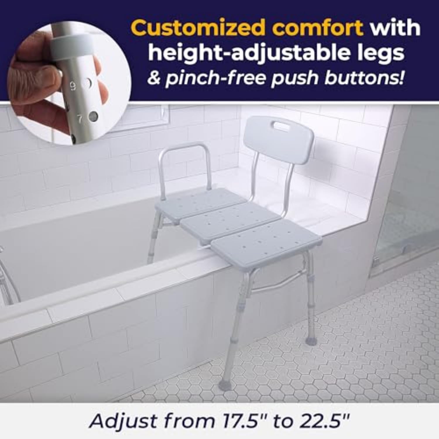 Drive Medical Tub Transfer Bench – Adjustable Shower Chair with Backrest for Elderly & Seniors (400 lbs)