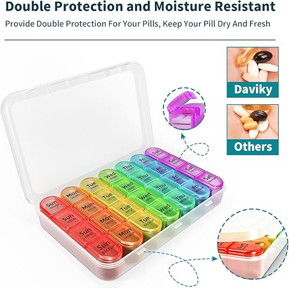 Daviky Pill Organizer – 4 Times a Day Large 7-Day Medicine Case with Removable Containers