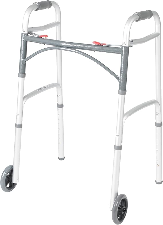 Drive Medical 10210-1 2-Button Folding Walker with Wheels – Rolling Walker for Adults & Seniors