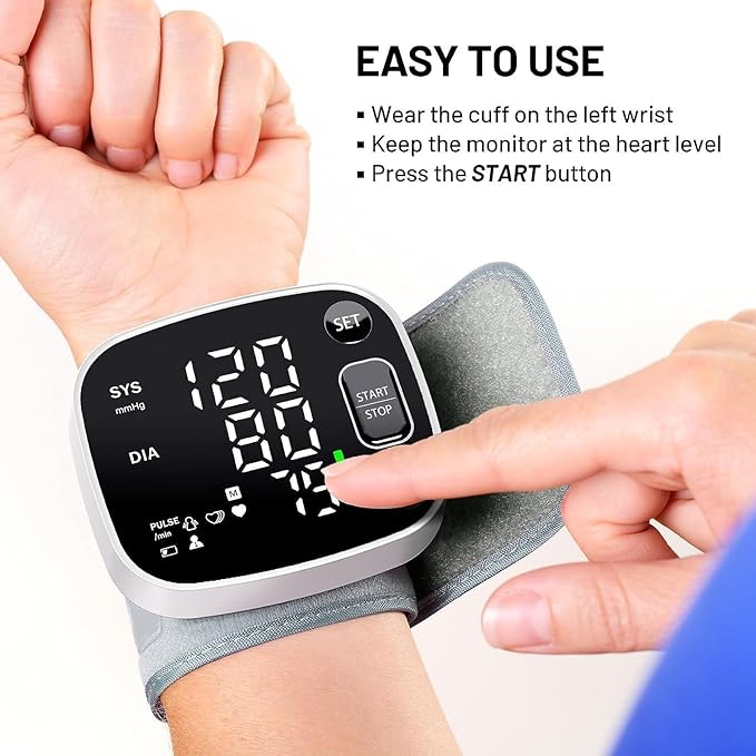 Oklar Rechargeable Wrist Blood Pressure Monitor – Dual User, LED Display, Voice Broadcast