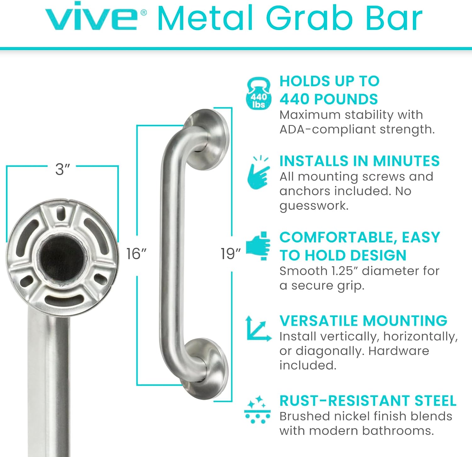 Vive Grab Bar for Bathtubs & Showers – Bathroom Safety Handrail for Elderly and Disabled (440 lbs)