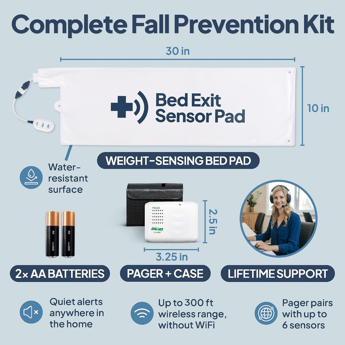 Smart Caregiver Bed Exit Alarm with Wireless Pager - Early Alert Fall Prevention for Seniors and Elderly - Weight Sensing Bed Pad Alerts Caregiver When They Get up - USA Company and Customer Service