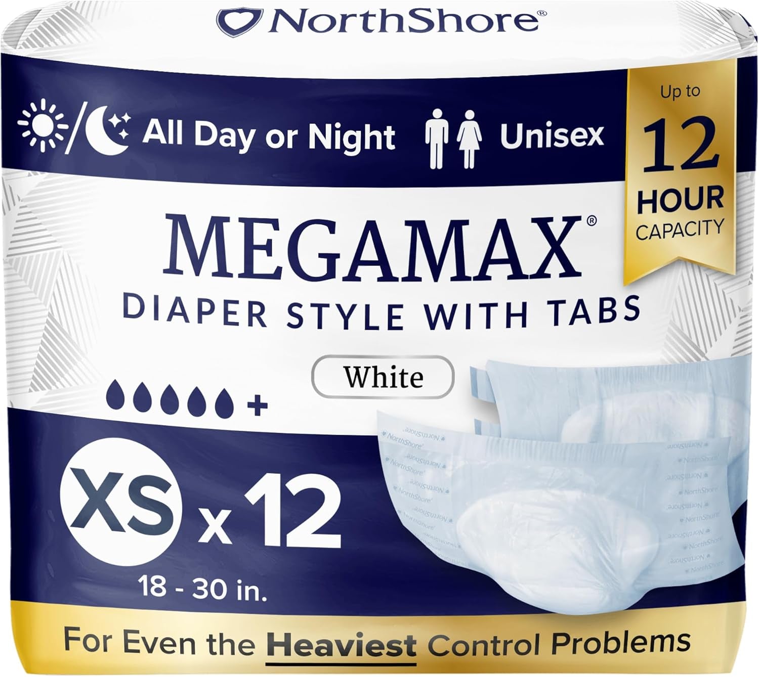 Megamax Adult Overnight Diapers, 12-Hour Tab-Style, X-Small, 12 Count Bag, White, 18-30 Inches, Unisex Incontinence Underwear