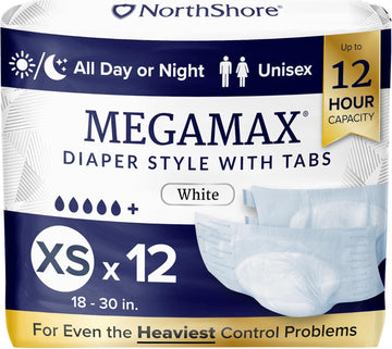 Megamax Adult Overnight Diapers, 12-Hour Tab-Style, X-Small, 12 Count Bag, White, 18-30 Inches, Unisex Incontinence Underwear
