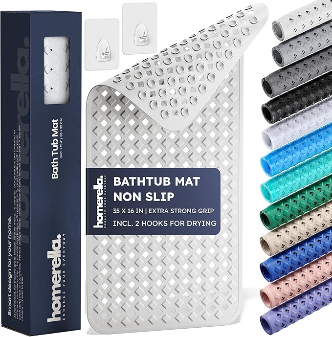 Extra-Long Non-Slip Bathtub Mat – 35x16" BPA-Free Shower Mat with Drain Holes & Drying Hooks (Anti-Mold, Machine Washable)