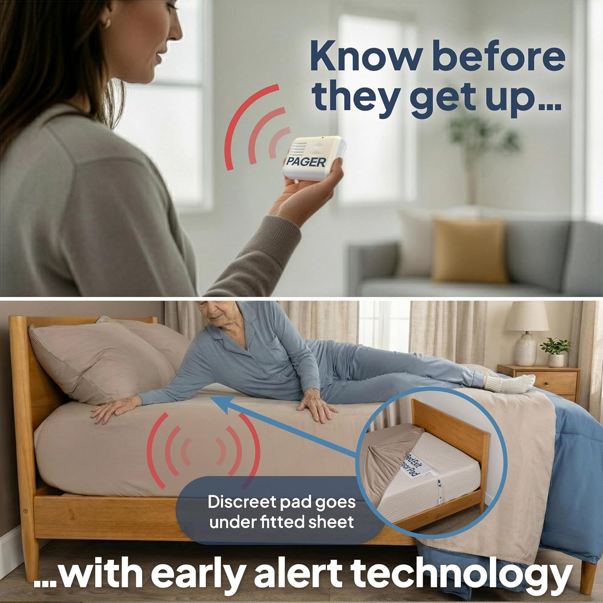 Smart Caregiver Bed Exit Alarm with Wireless Pager - Early Alert Fall Prevention for Seniors and Elderly - Weight Sensing Bed Pad Alerts Caregiver When They Get up - USA Company and Customer Service