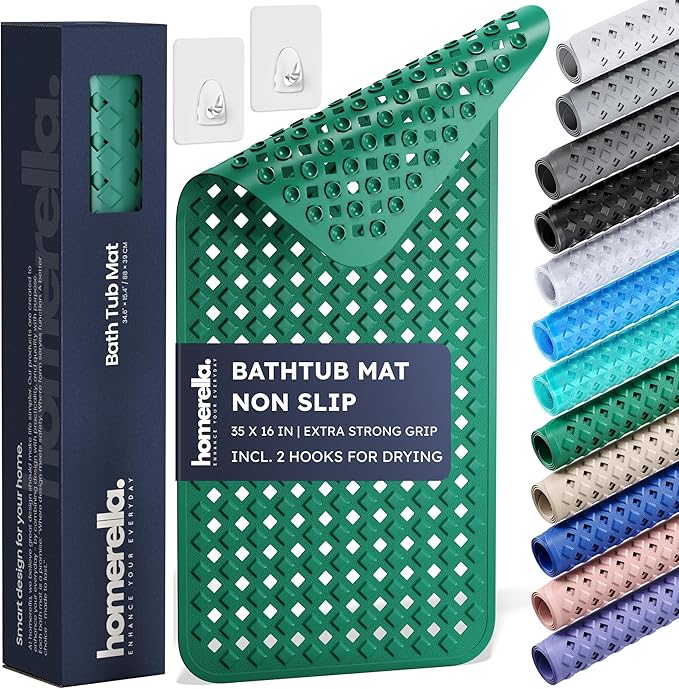 Extra-Long Non-Slip Bathtub Mat – 35x16" BPA-Free Shower Mat with Drain Holes & Drying Hooks (Anti-Mold, Machine Washable)