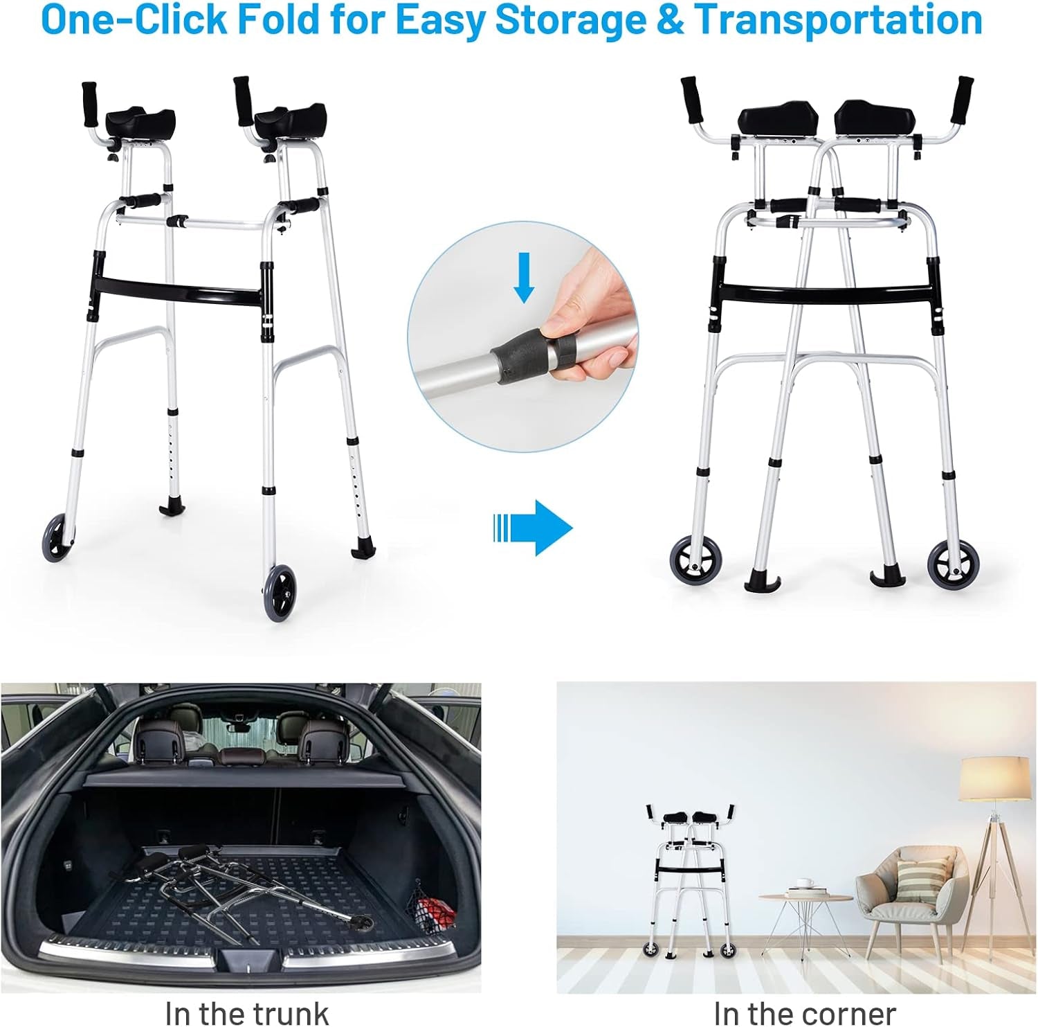 Walkers for Seniors, Foldable Standard Walker with 5’’ Wheels and Removable Padded Armrests 440Lbs, Lightweight Walking Mobility Aid, Folding Platform Walker for Elderly, Handicap, Disabled