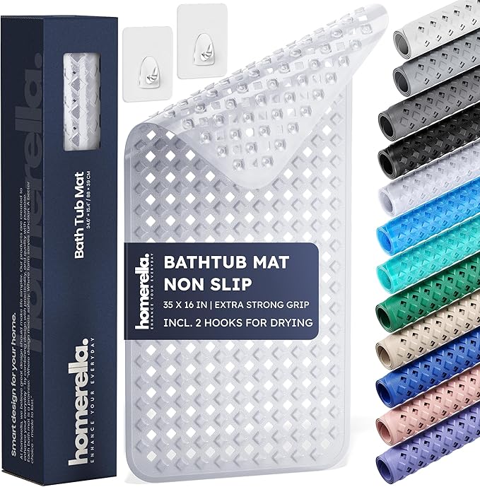 Extra-Long Non-Slip Bathtub Mat – 35x16" BPA-Free Shower Mat with Drain Holes & Drying Hooks (Anti-Mold, Machine Washable)